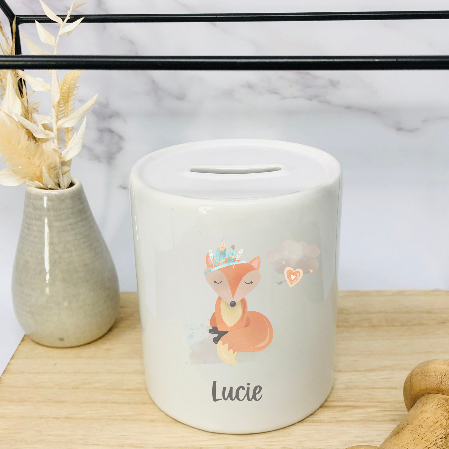 Spardose mit Name - personalisiert - Boho - Einschulung Geburt - 3 Designs zur Auswahl - Aquarell Watercolor -Fuchs-Bär - Reh - Traumfänger