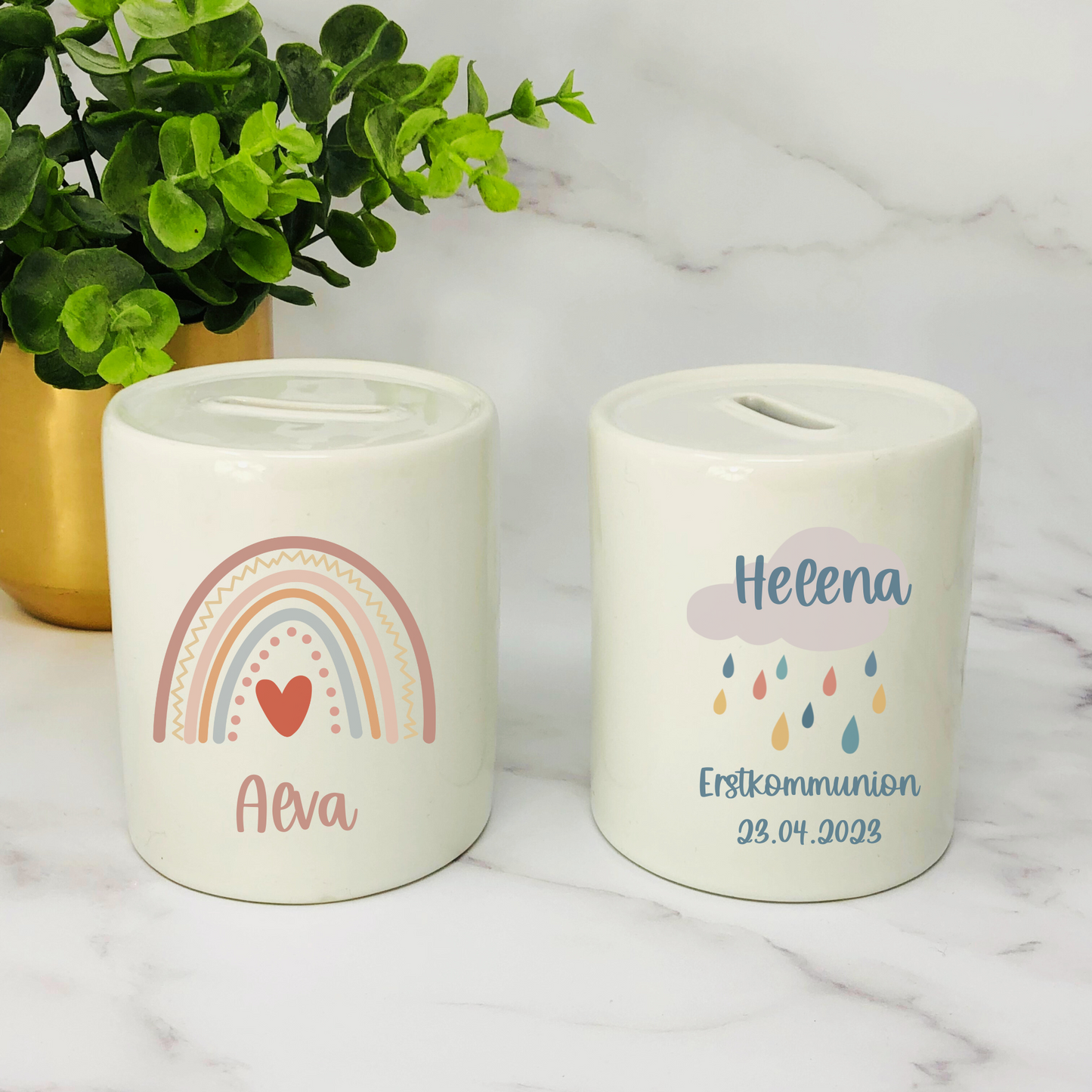Personalisierte Spardose mit Boho-Regenbogen – Das perfekte Geschenk zur Kommunion, Geburt oder Taufe