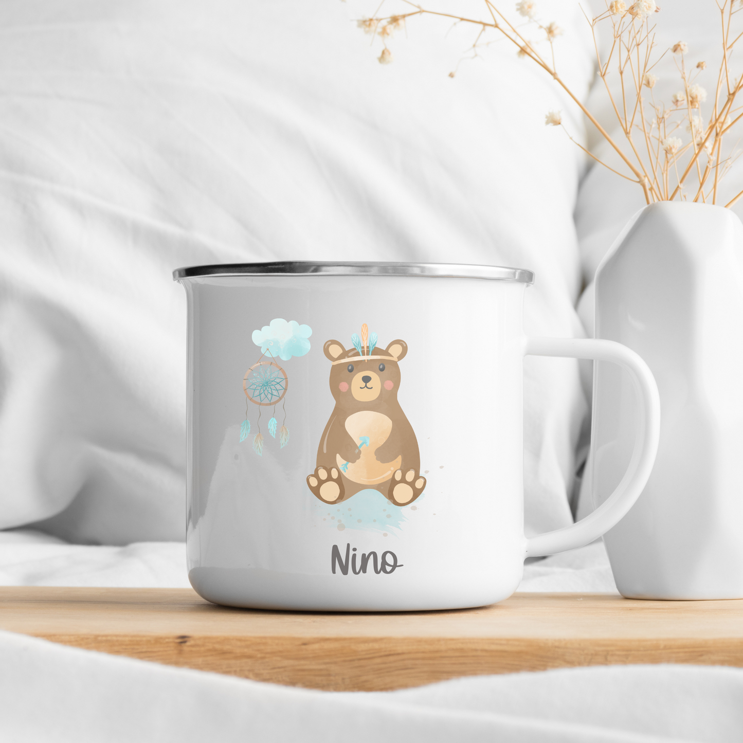 Emailletasse personalisiert - Geschenk Junge Mädchen - Boho Regenbogen - Kommunionsgeschenk - Einschulung Geburt Taufe - Geschenk mit Name