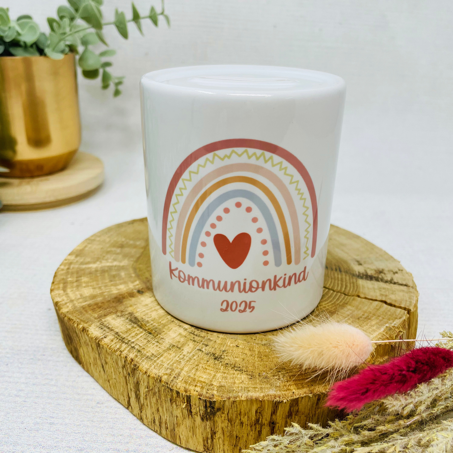Personalisierte Spardose mit Boho-Regenbogen – Das perfekte Geschenk zur Kommunion, Geburt oder Taufe
