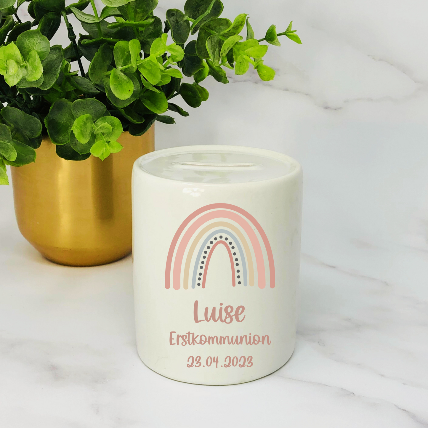 Personalisierte Spardose mit Boho-Regenbogen – Das perfekte Geschenk zur Kommunion, Geburt oder Taufe