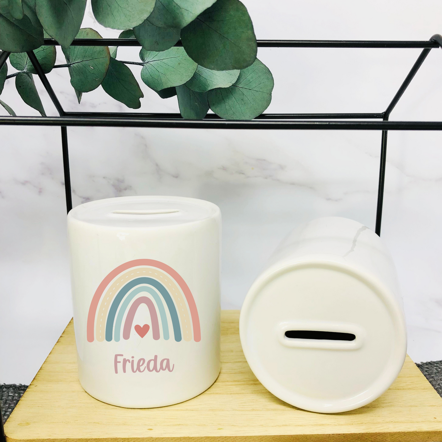 Personalisierte Spardose mit Boho-Regenbogen – Das perfekte Geschenk zur Kommunion, Geburt oder Taufe