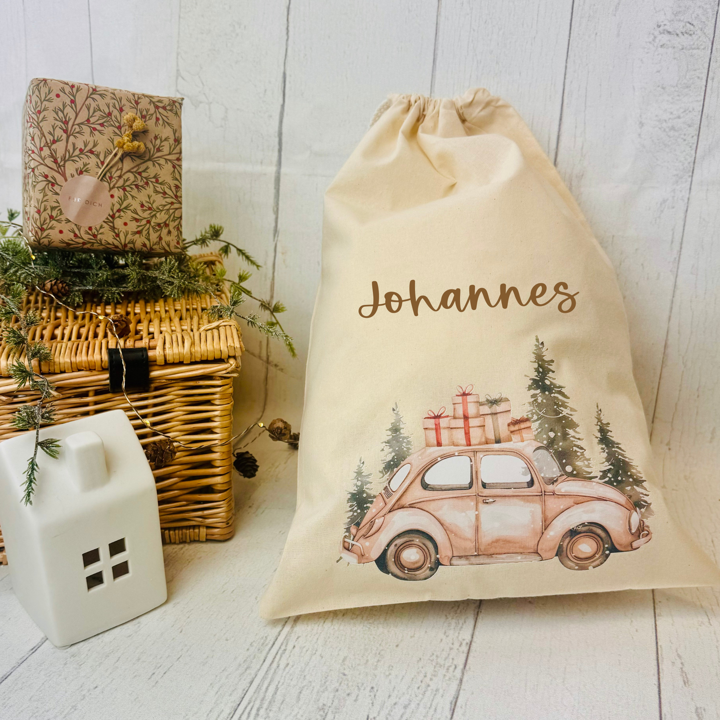 Baumwoll-Säckchen Natural personalisiert für Nikolaus & Weihnachten – Alternative Geschenkverpackung