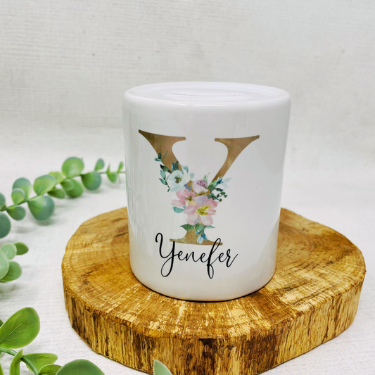 Spardose mit Name - personalisiert - Einschulung Geburt - Floral Initial Romantisch Mädchen