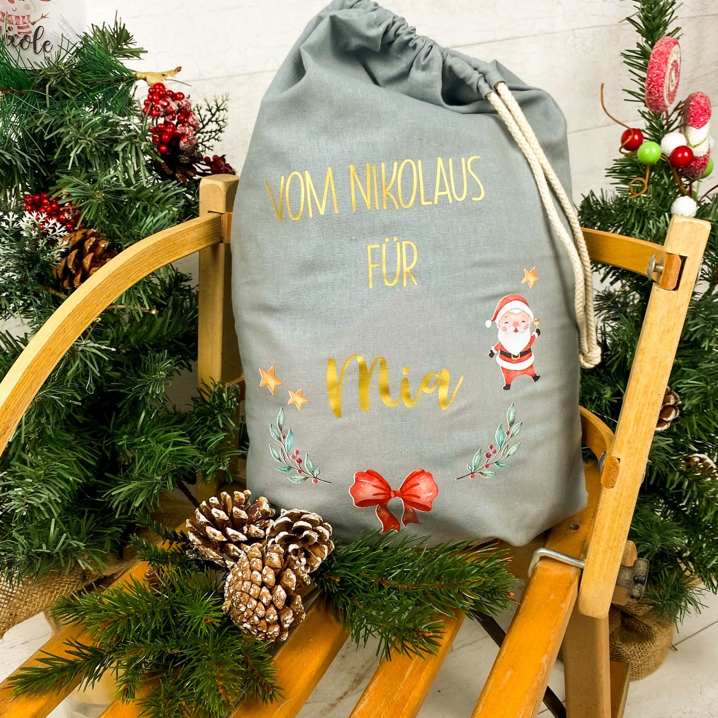 personalisierter Beutel für Nikolaus Weihnachten - ideal als kleine Geschenkverpackung, für Süßigkeiten oder Geld - zwei Designs - grau
