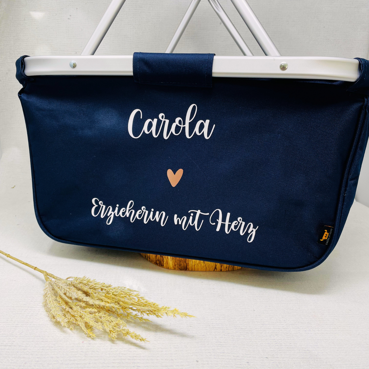 Abschiedsgeschenk Kindergarten - Einkaufskorb "Erzieherin mit Herz" personalisiert - faltbar - Farbe navy blau grau schwarz