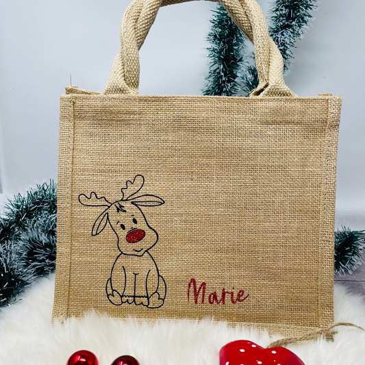 Jutetasche Weihnachten Jutebeutel klein - personalisiert mit Rentier und Name - persönliche Geschenkverpackung - nachhaltig Glitzer