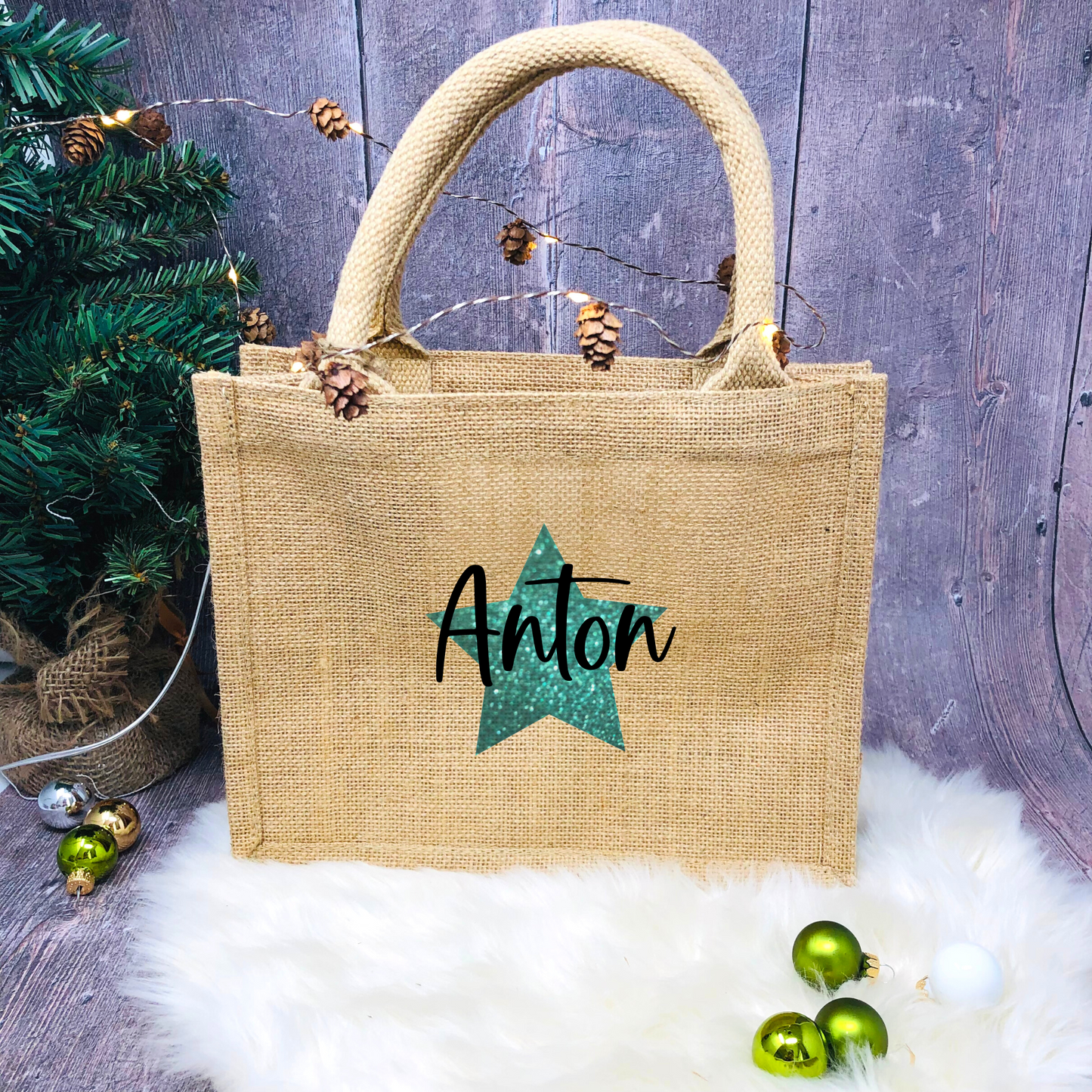 Jutetasche Weihnachten Jutebeutel klein - personalisiert mit Stern und Name - persönliche Geschenkverpackung - nachhaltig Glitzerstern