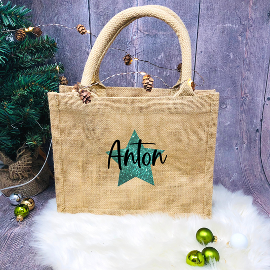 Jutetasche Weihnachten Jutebeutel klein - personalisiert mit Stern und Name - persönliche Geschenkverpackung - nachhaltig Glitzerstern