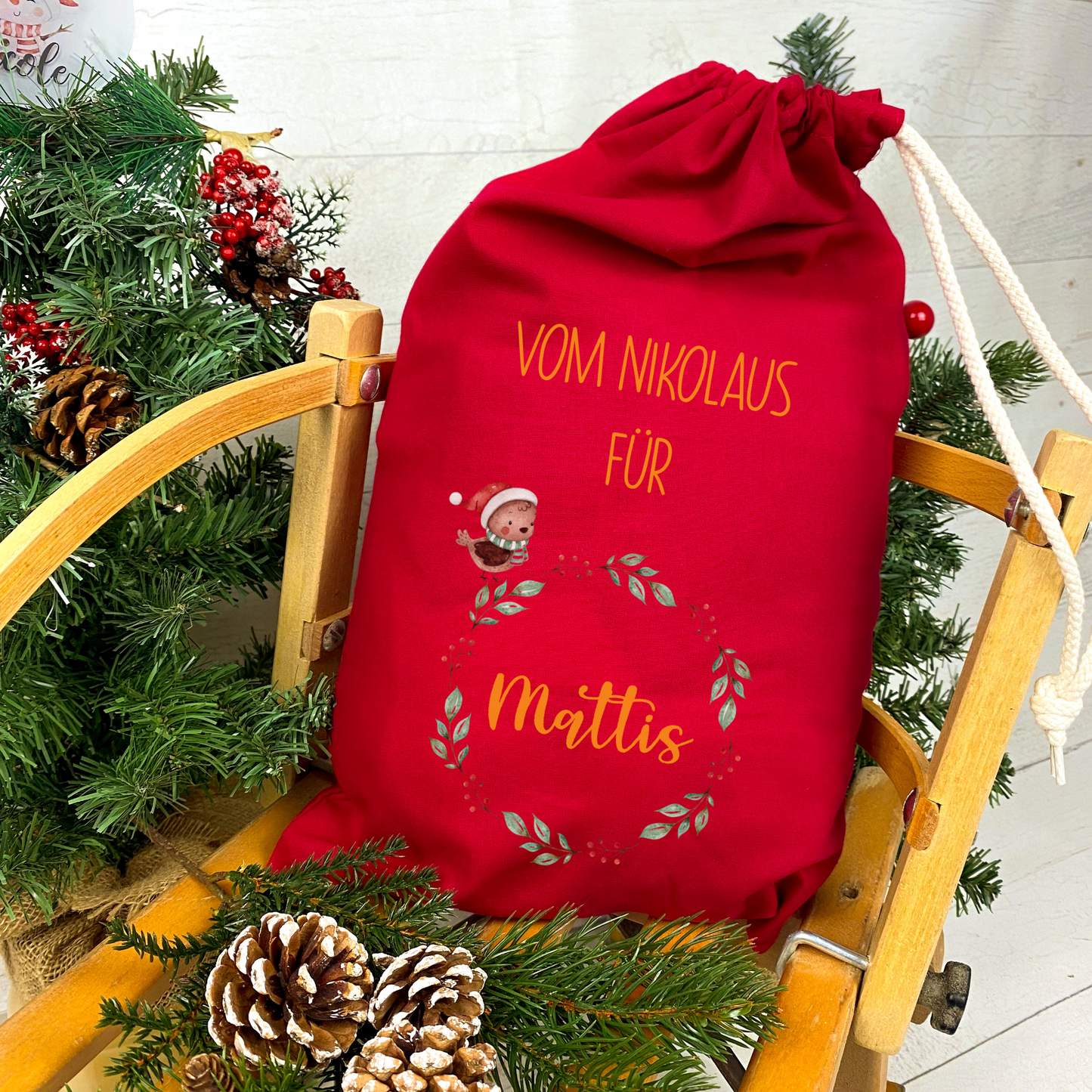 Personalisierter Beutel für Nikolaus Weihnachten - ideal als kleine Geschenkverpackung, für Süßigkeiten oder Geld - zwei Designs - rot