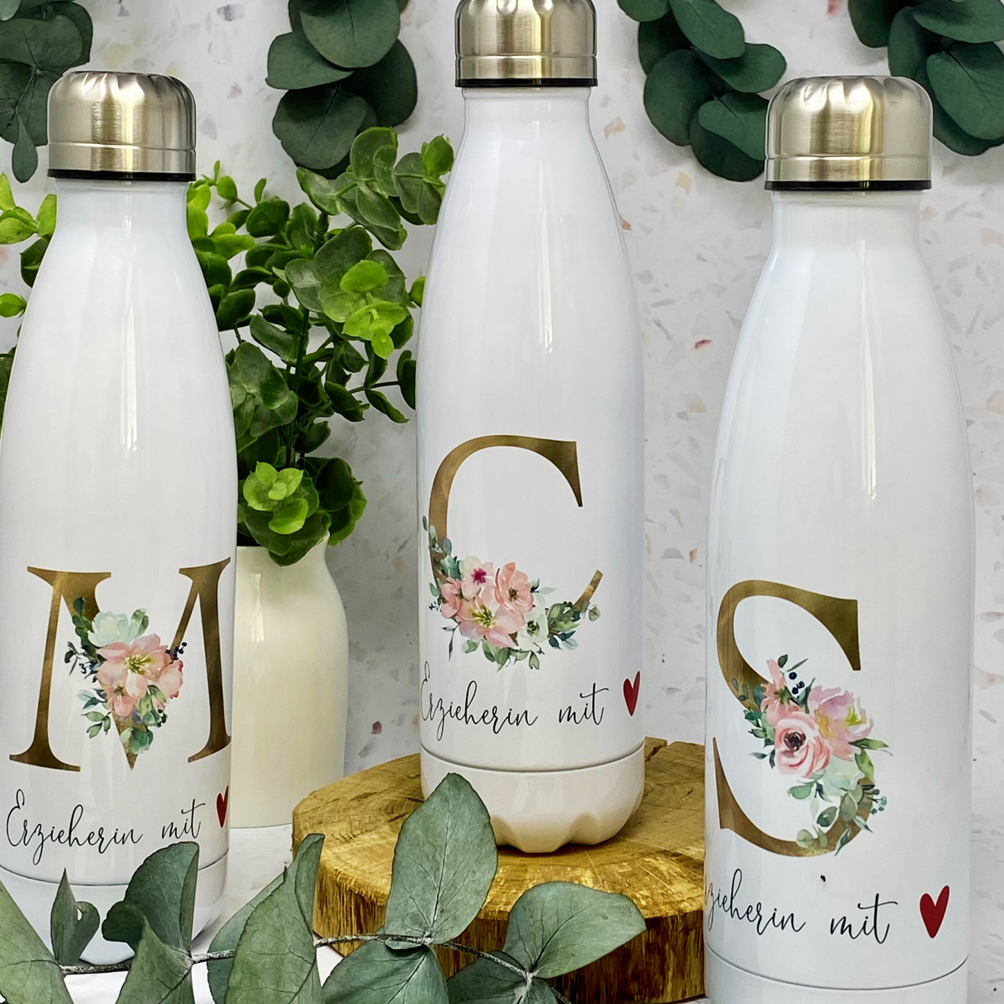 Geschenk für die Erzieherin, Thermosflasche, Trinkflasche Edelstahl - personalisiert mit Initial und Wunschwort - Design BLUSH - T1