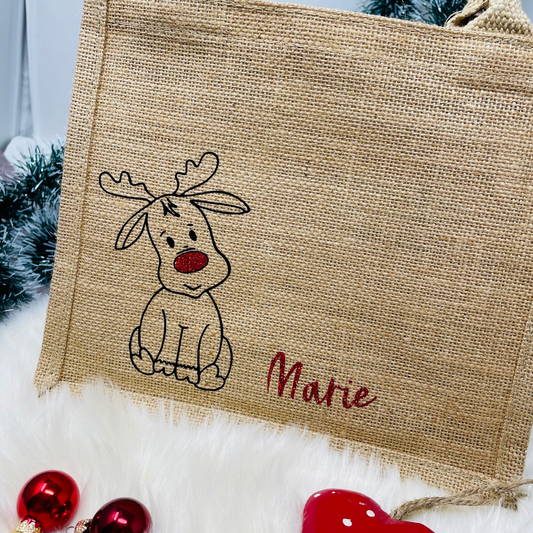 Jutetasche Weihnachten Jutebeutel klein - personalisiert mit Rentier und Name - persönliche Geschenkverpackung - nachhaltig Glitzer