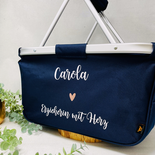 Abschiedsgeschenk Kindergarten - Einkaufskorb "Erzieherin mit Herz" personalisiert - faltbar - Farbe navy blau grau schwarz