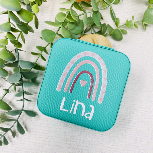 Schmuckaufbewahrung Mädchen - mint - personalisiert mit Namen und Regenbogen- Geschenk Kommunion Einschulung Geburtstag - Reiseetui