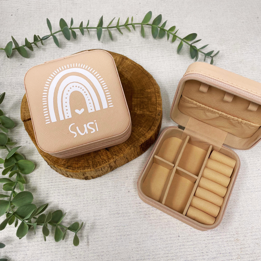 Schmuckaufbewahrung Etui Mädchen - Geschenk Kommunion Einschulung Geburtstag - personalisiert mit Regenbogen und Namen - ROSA
