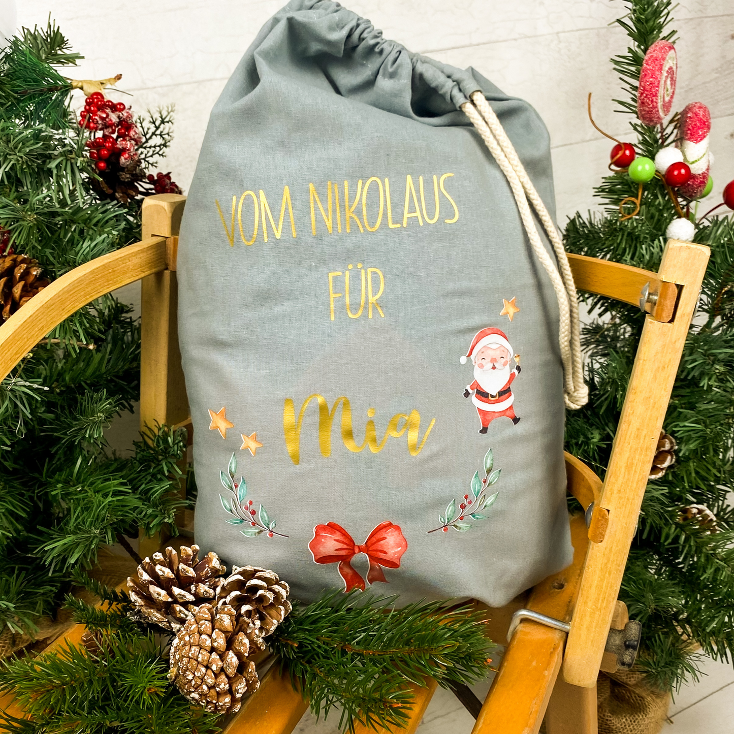 personalisierter Beutel für Nikolaus Weihnachten - ideal als kleine Geschenkverpackung, für Süßigkeiten oder Geld - zwei Designs - grau