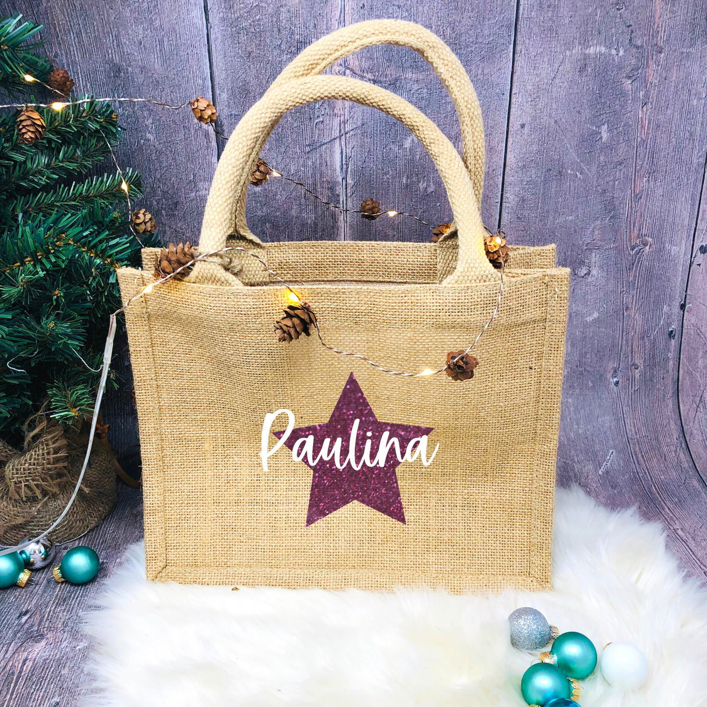 Jutetasche Weihnachten Jutebeutel klein - personalisiert mit Stern und Name - persönliche Geschenkverpackung - nachhaltig Glitzerstern