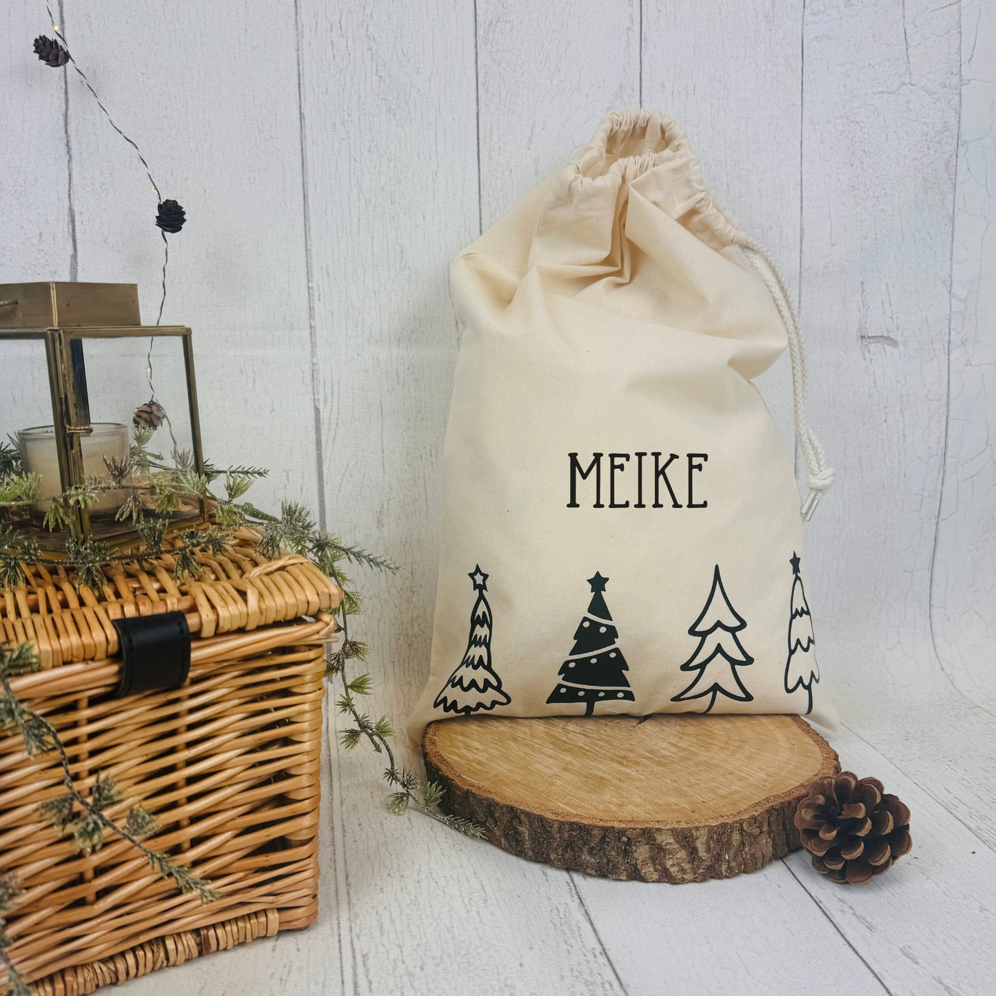 Baumwoll-Säckchen mit Tannenbäumen für Nikolaus & Weihnachten – Alternative Geschenkverpackung