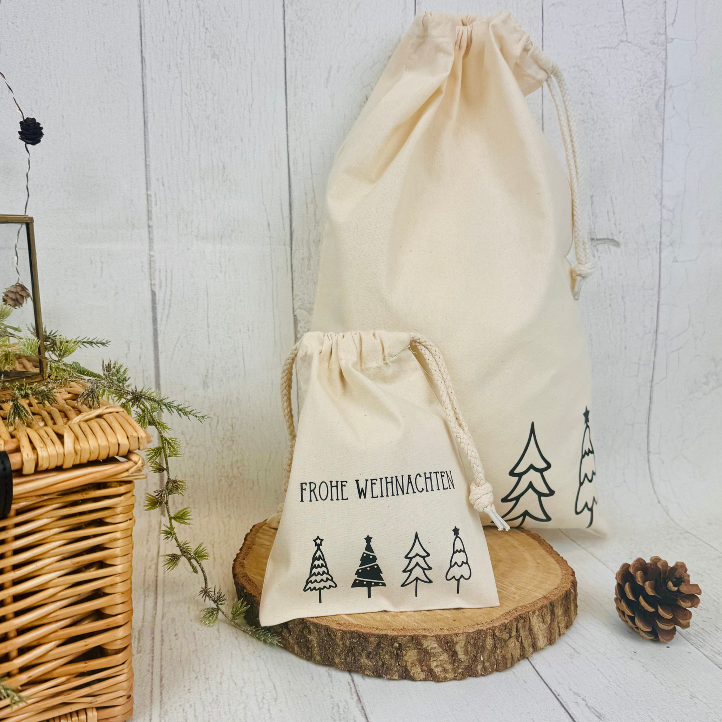Baumwoll-Säckchen mit Tannenbäumen für Nikolaus & Weihnachten – Alternative Geschenkverpackung