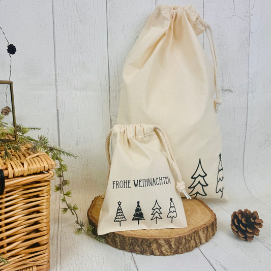 Baumwoll-Säckchen mit Tannenbäumen für Nikolaus & Weihnachten – Alternative Geschenkverpackung