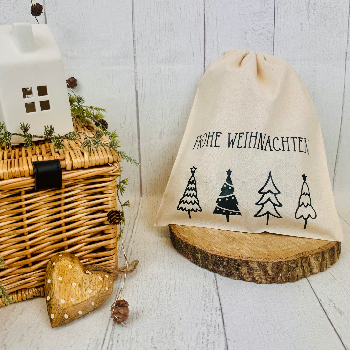 Baumwoll-Säckchen mit Tannenbäumen für Nikolaus & Weihnachten – Alternative Geschenkverpackung