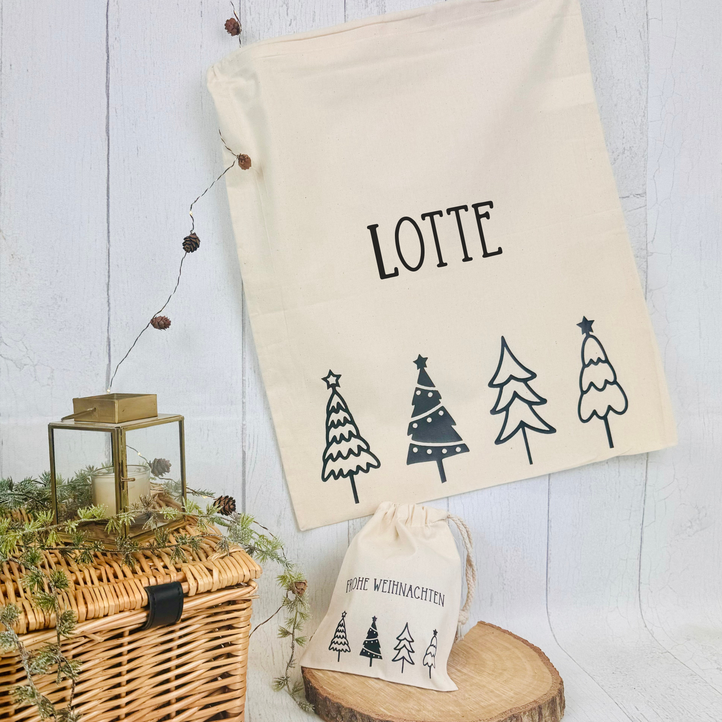 Baumwoll-Säckchen mit Tannenbäumen für Nikolaus & Weihnachten – Alternative Geschenkverpackung