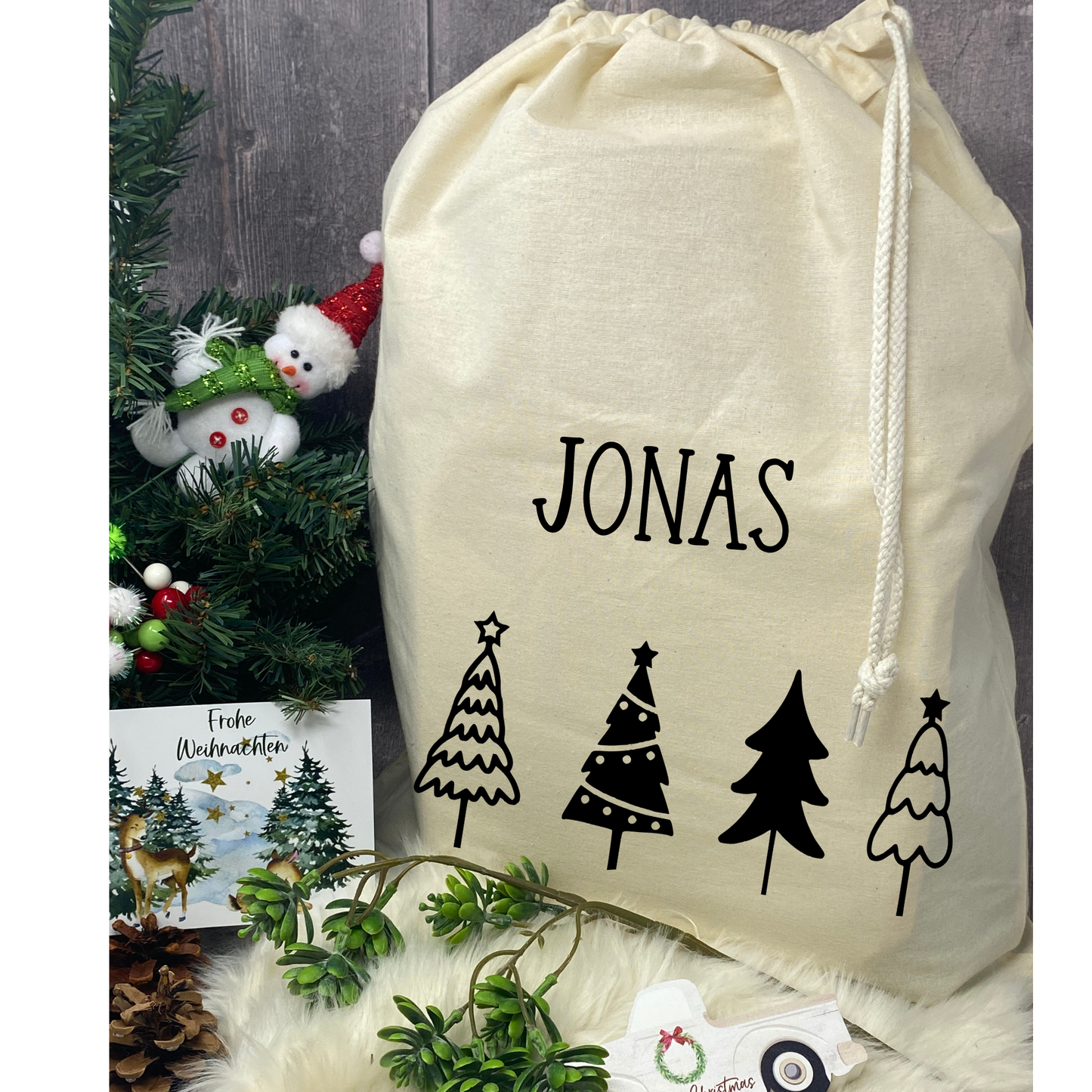 Baumwoll-Säckchen mit Tannenbäumen für Nikolaus & Weihnachten – Alternative Geschenkverpackung
