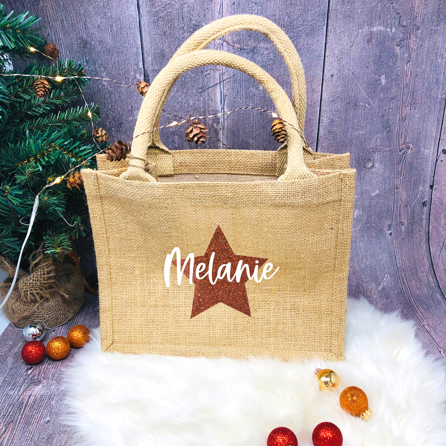 Jutetasche Weihnachten Jutebeutel klein - personalisiert mit Stern und Name - persönliche Geschenkverpackung - nachhaltig Glitzerstern