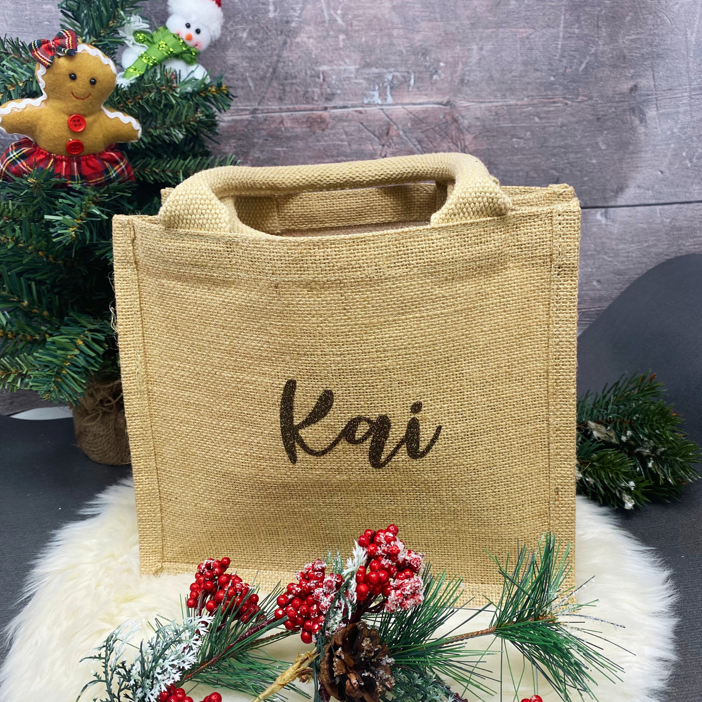 Jutetasche Weihnachten Jutebeutel klein - personalisiert mit Name in Glitzer - persönliche Geschenkverpackung - nachhaltig