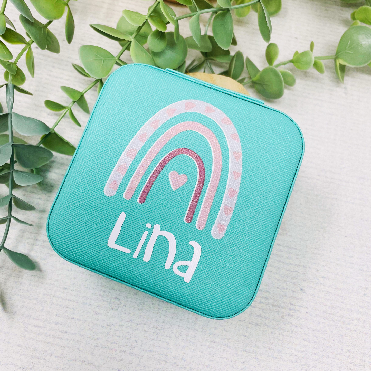 Schmuckaufbewahrung Mädchen - mint - personalisiert mit Namen und Regenbogen- Geschenk Kommunion Einschulung Geburtstag - Reiseetui