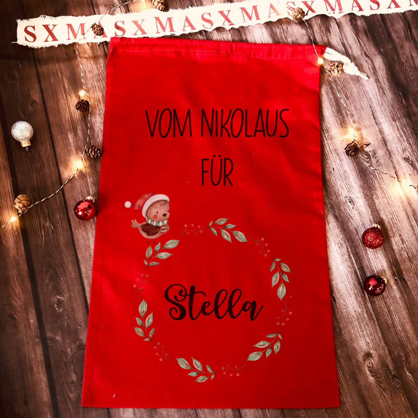 Personalisierter Beutel für Nikolaus Weihnachten - ideal als kleine Geschenkverpackung, für Süßigkeiten oder Geld - zwei Designs - rot