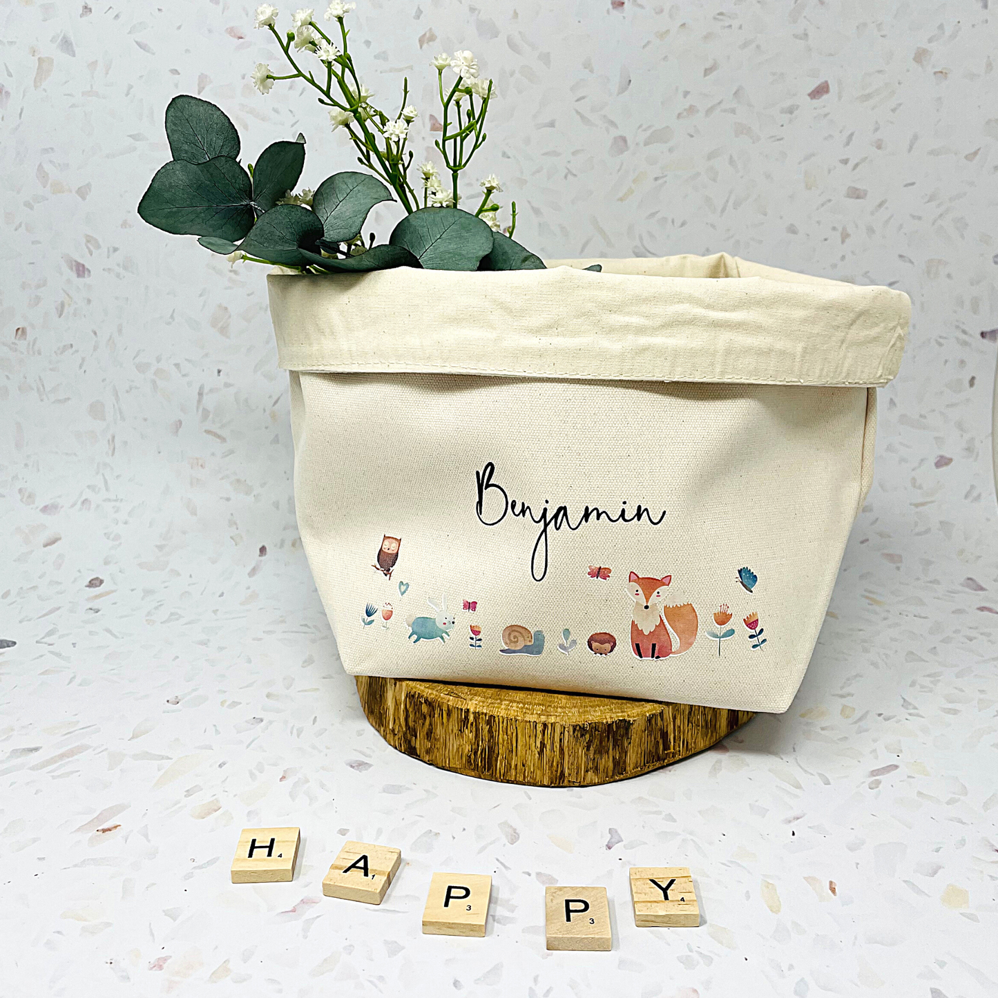 Wunderschönes Aufbewahrungskörbchen fürs Kinderzimmer mit Waldtieren und mit Name personalisiert