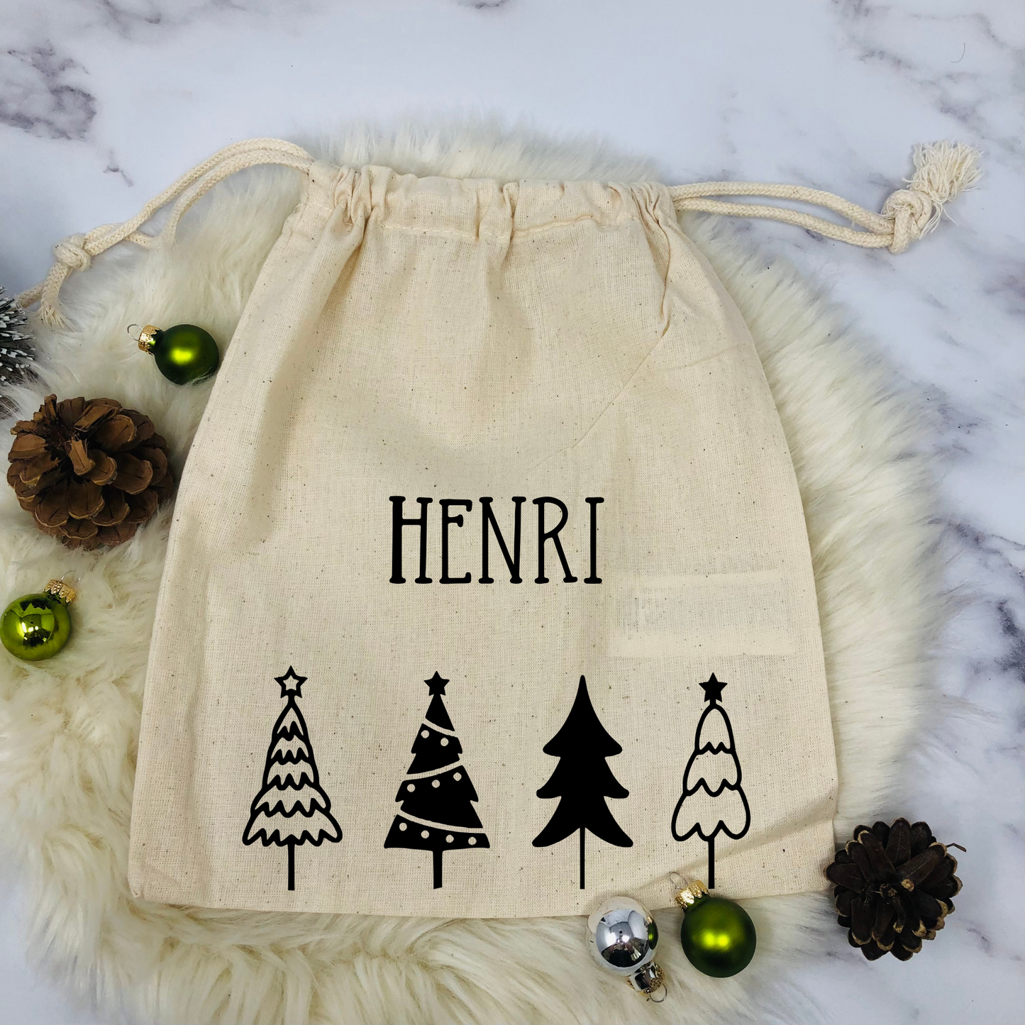 Baumwoll-Säckchen mit Tannenbäumen für Nikolaus & Weihnachten – Alternative Geschenkverpackung