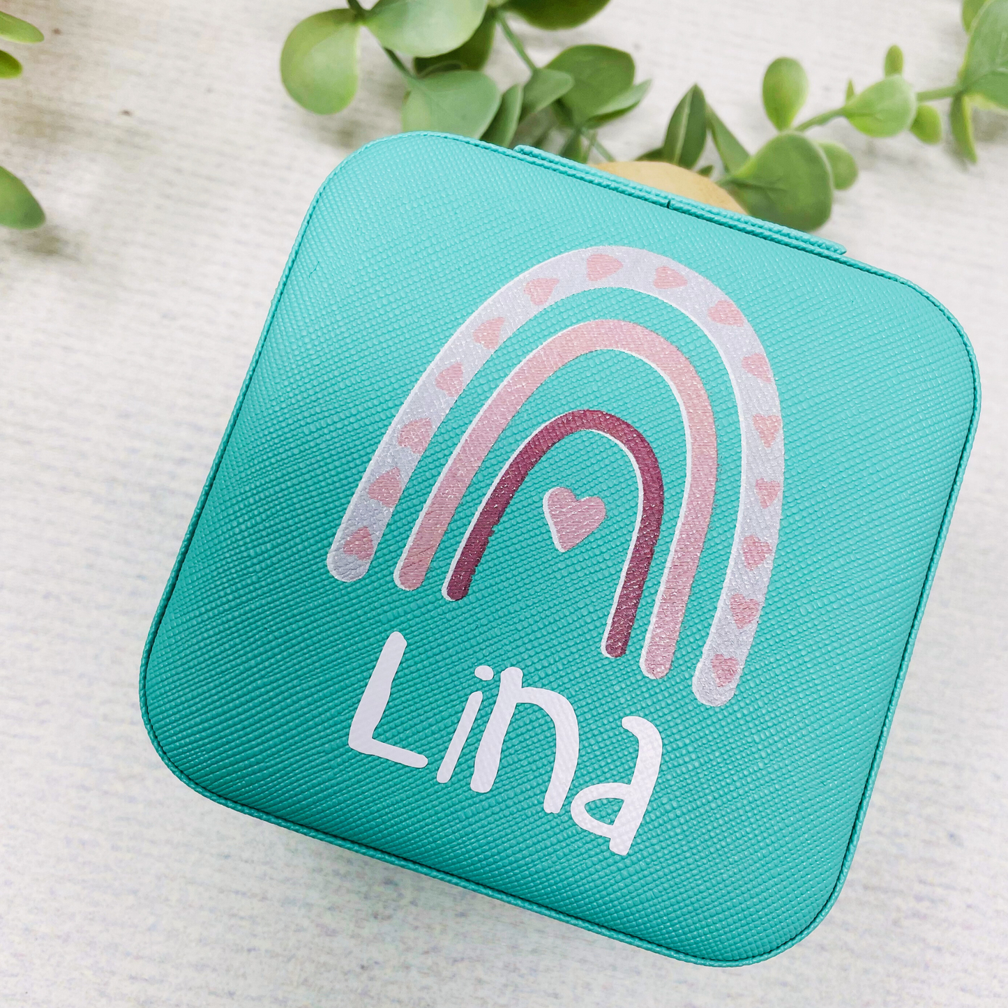 Schmuckaufbewahrung Mädchen - mint - personalisiert mit Namen und Regenbogen- Geschenk Kommunion Einschulung Geburtstag - Reiseetui