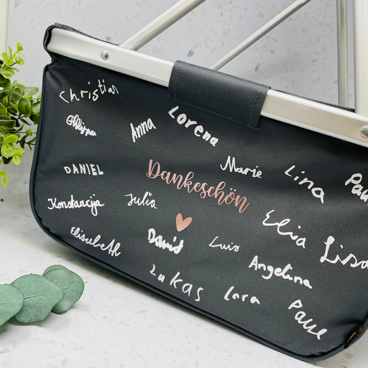 Abschiedsgeschenk für die Lehrerin - Einkaufskorb mit Unterschriften der Kinder - persönlich und individuell