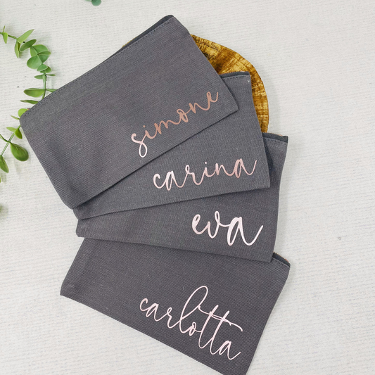 Stilvolles Canvas Mäppchen in Grau – Personalisiert mit deinem Wunschwort in Roségold