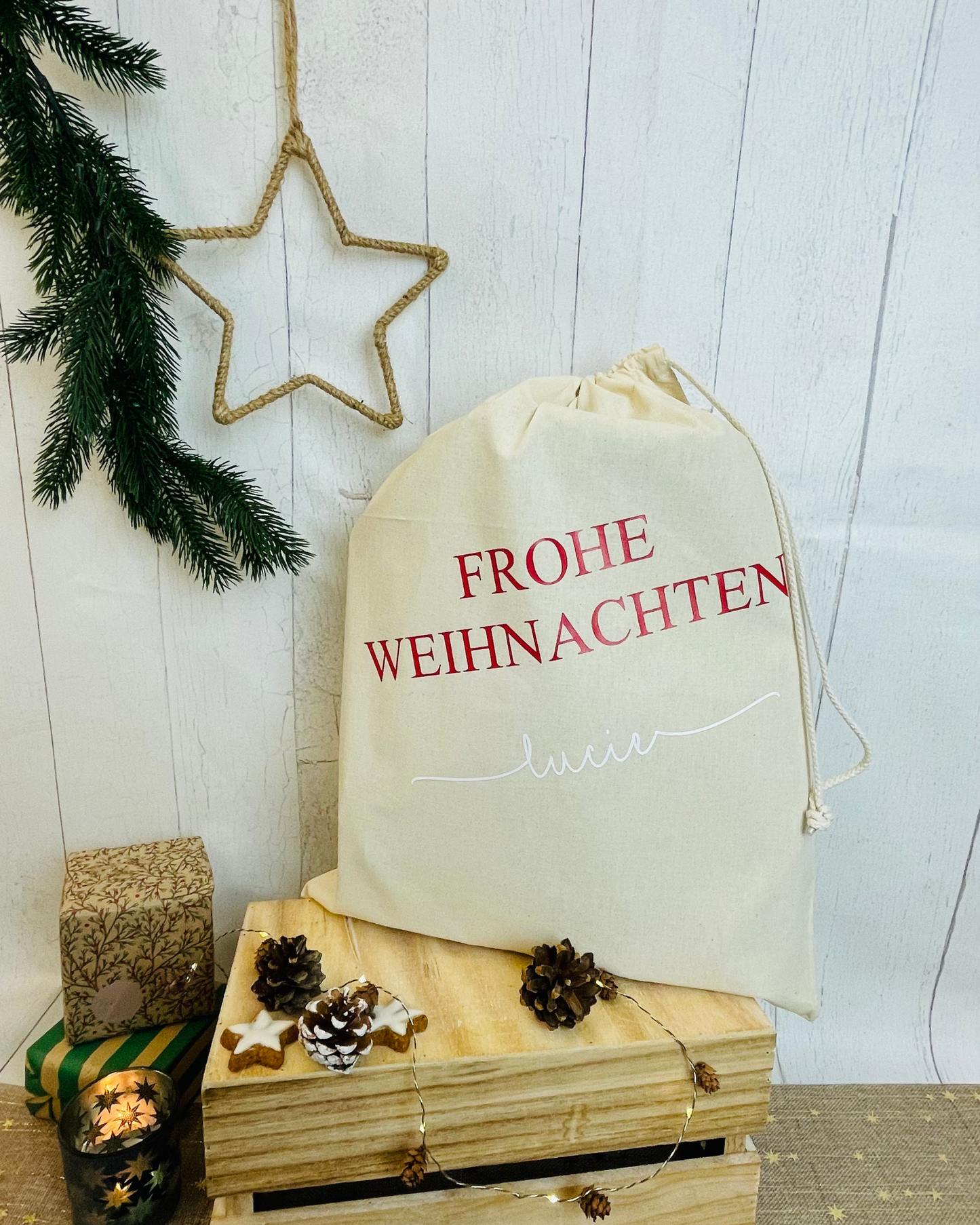 Baumwollsäckchen „Frohe Weihnachten“ – nachhaltig & personalisierbar