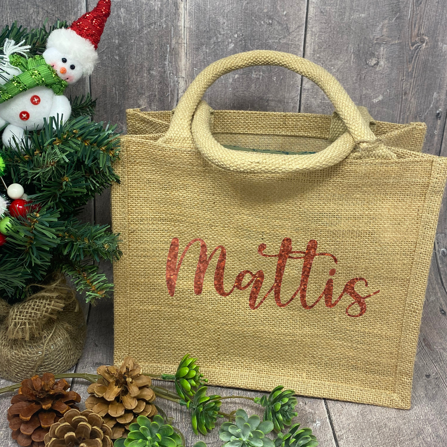 Jutetasche Weihnachten Jutebeutel klein - personalisiert mit Name in Glitzer - persönliche Geschenkverpackung - nachhaltig