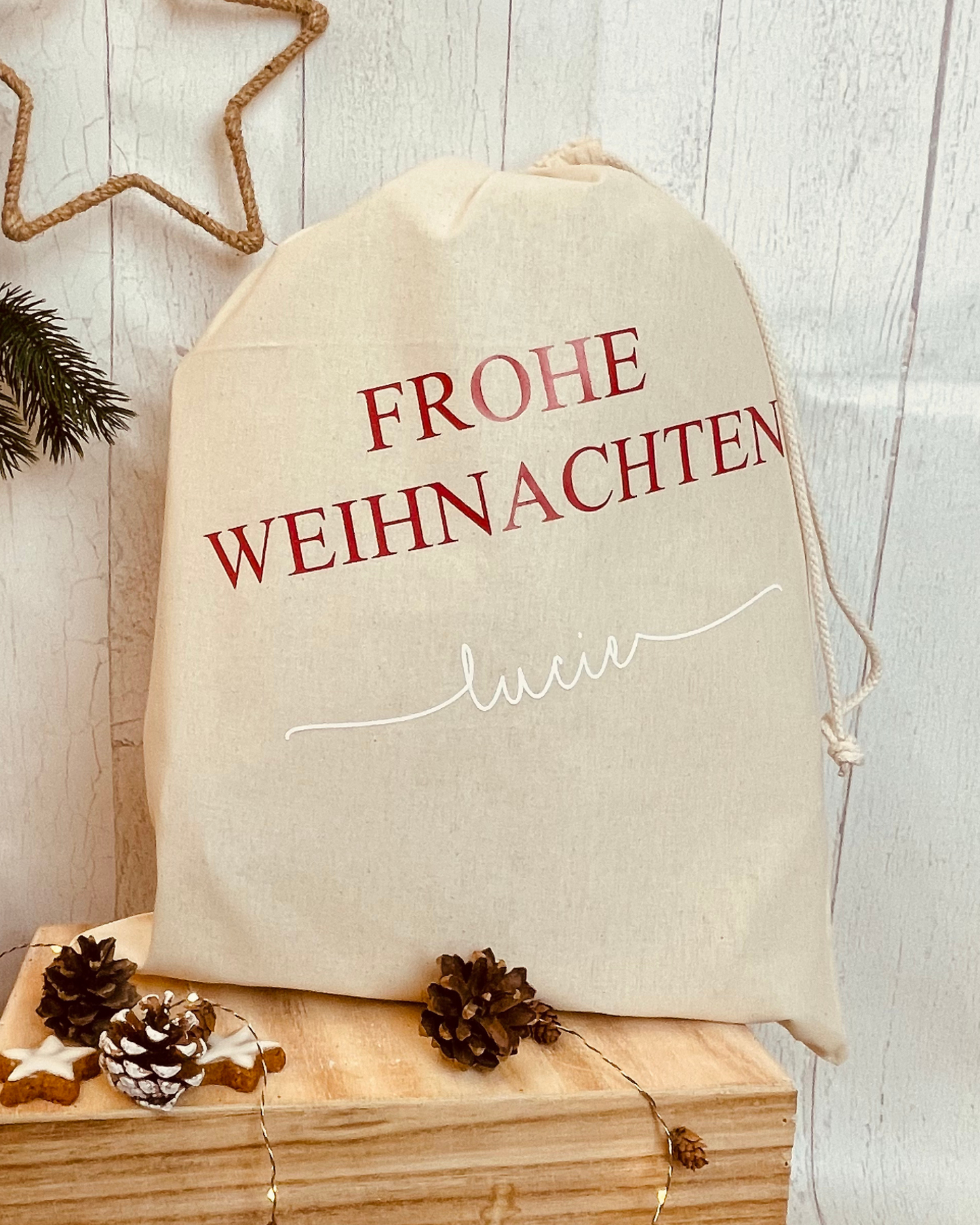 Baumwollsäckchen „Frohe Weihnachten“ – nachhaltig & personalisierbar