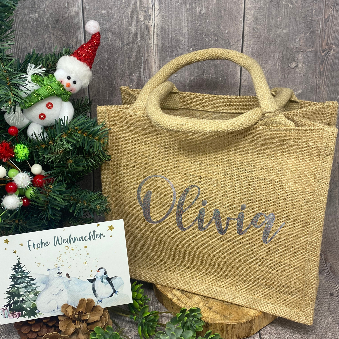 Jutetasche Weihnachten Jutebeutel klein - personalisiert mit Name in Glitzer - persönliche Geschenkverpackung - nachhaltig
