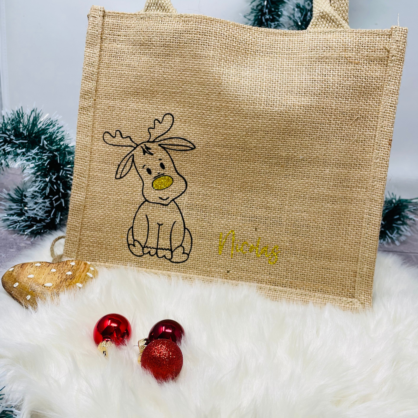 Jutetasche Weihnachten Jutebeutel klein - personalisiert mit Rentier und Name - persönliche Geschenkverpackung - nachhaltig Glitzer