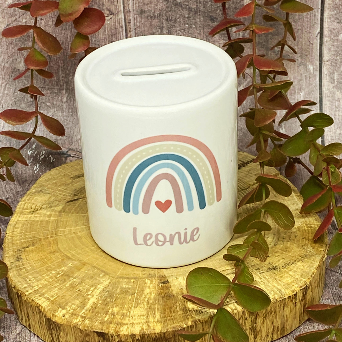 Personalisierte Spardose mit Boho-Regenbogen – Das perfekte Geschenk zur Kommunion, Geburt oder Taufe