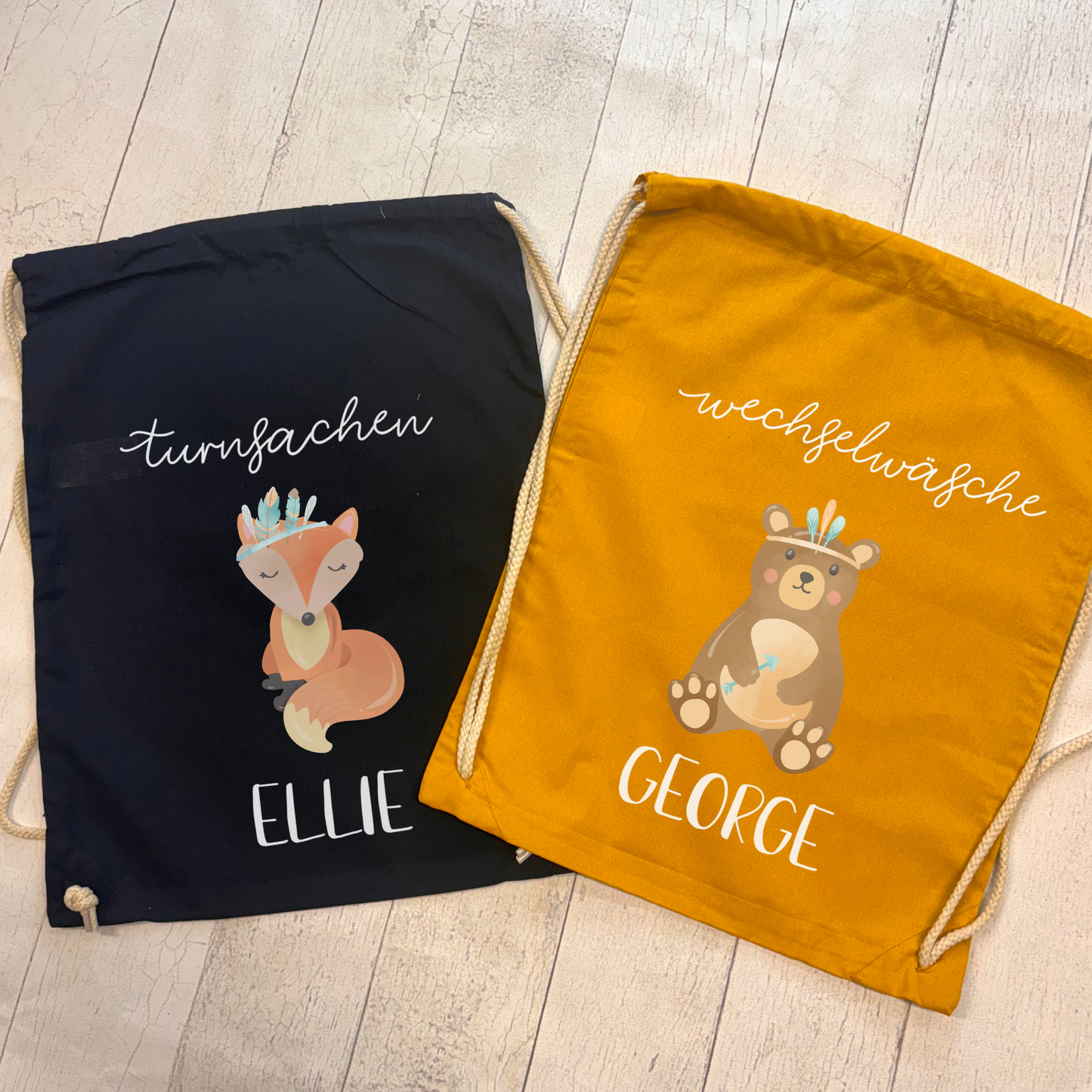 Turnbeutel Wechselwäsche Boho Fuchs oder Bär, Turnbeutel mit Namen personalisiert, Kindergarten, Wechselwäsche, Stoffbeutel personalisiert
