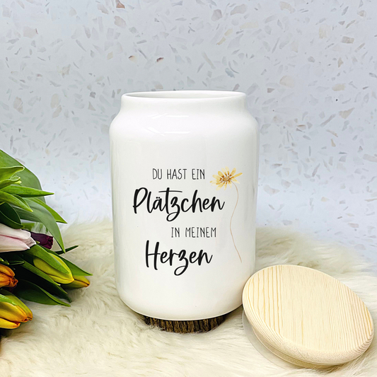 Personalisierte Keksdose mit Spruch und dezentem Blumendesign