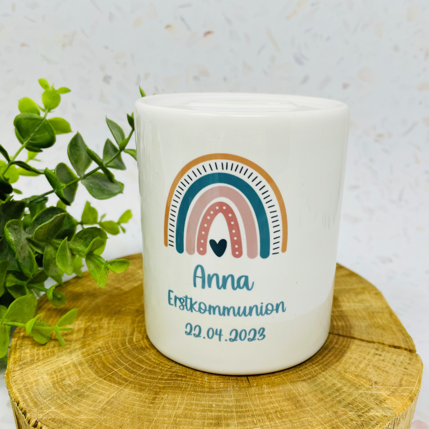 Personalisierte Spardose mit Boho-Regenbogen – Das perfekte Geschenk zur Kommunion, Geburt oder Taufe