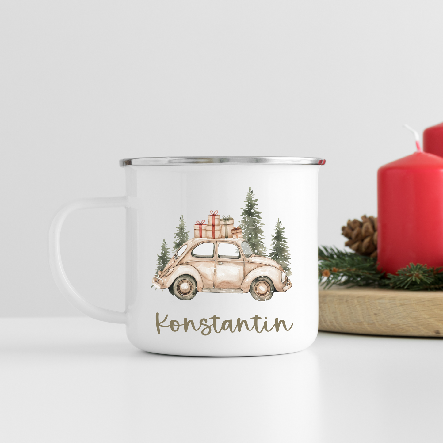 Personalisierte Emaille-Weihnachtstasse – "Driving Home for Christmas" mit Namen