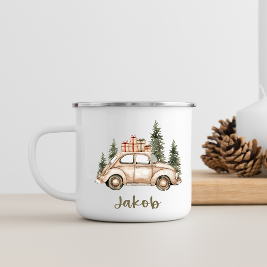 Personalisierte Emaille-Weihnachtstasse – "Driving Home for Christmas" mit Namen