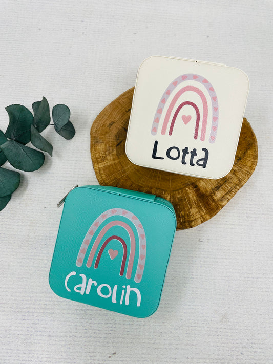 Schmuckaufbewahrung Mädchen - mint - personalisiert mit Namen und Regenbogen- Geschenk Kommunion Einschulung Geburtstag - Reiseetui