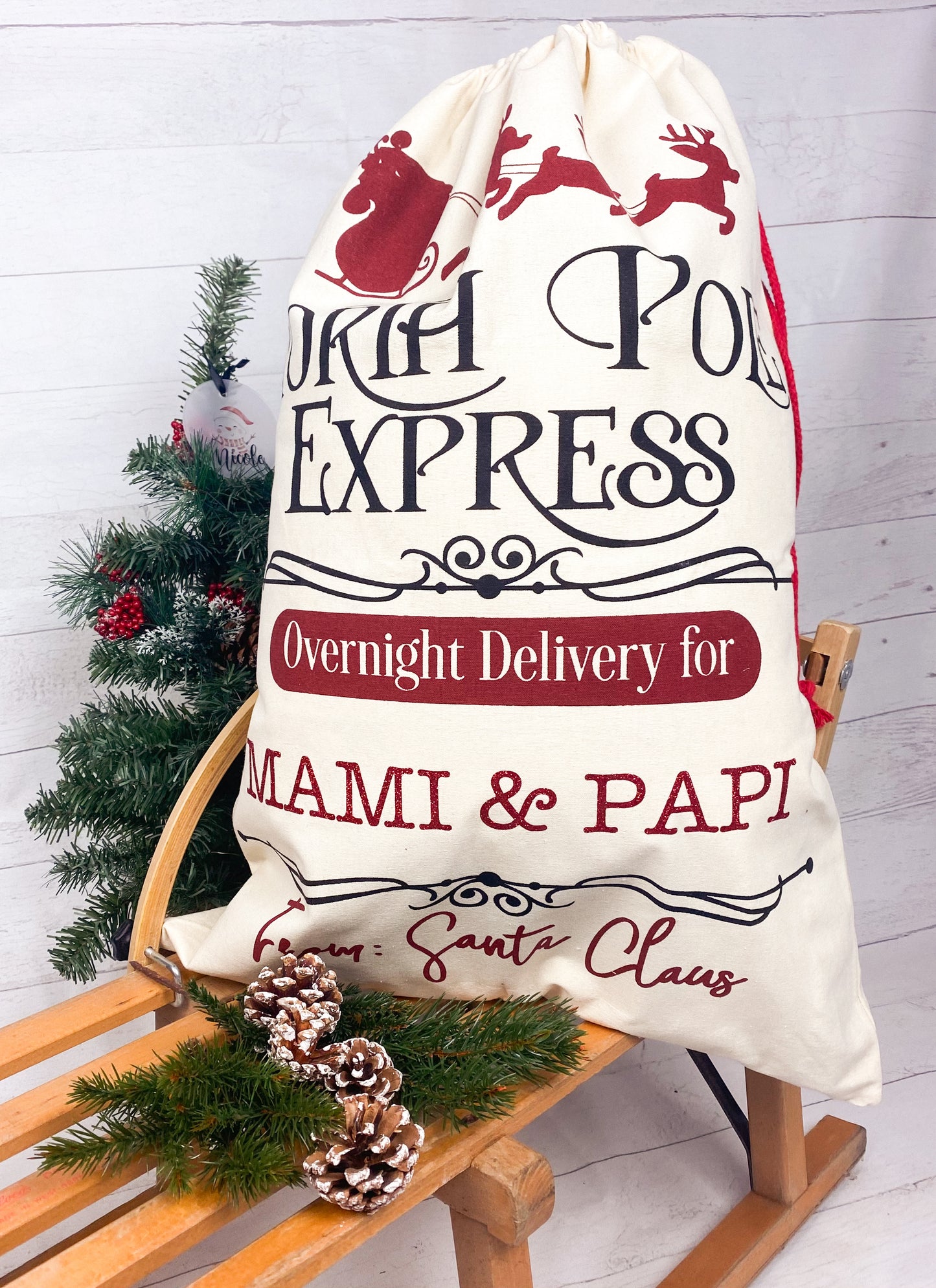 Nikolaussack Weihnachtsmann Sack Geschenkbeutel Weihnachten Jutesack groß Santa personalisiert mit Namen - North Pole Express