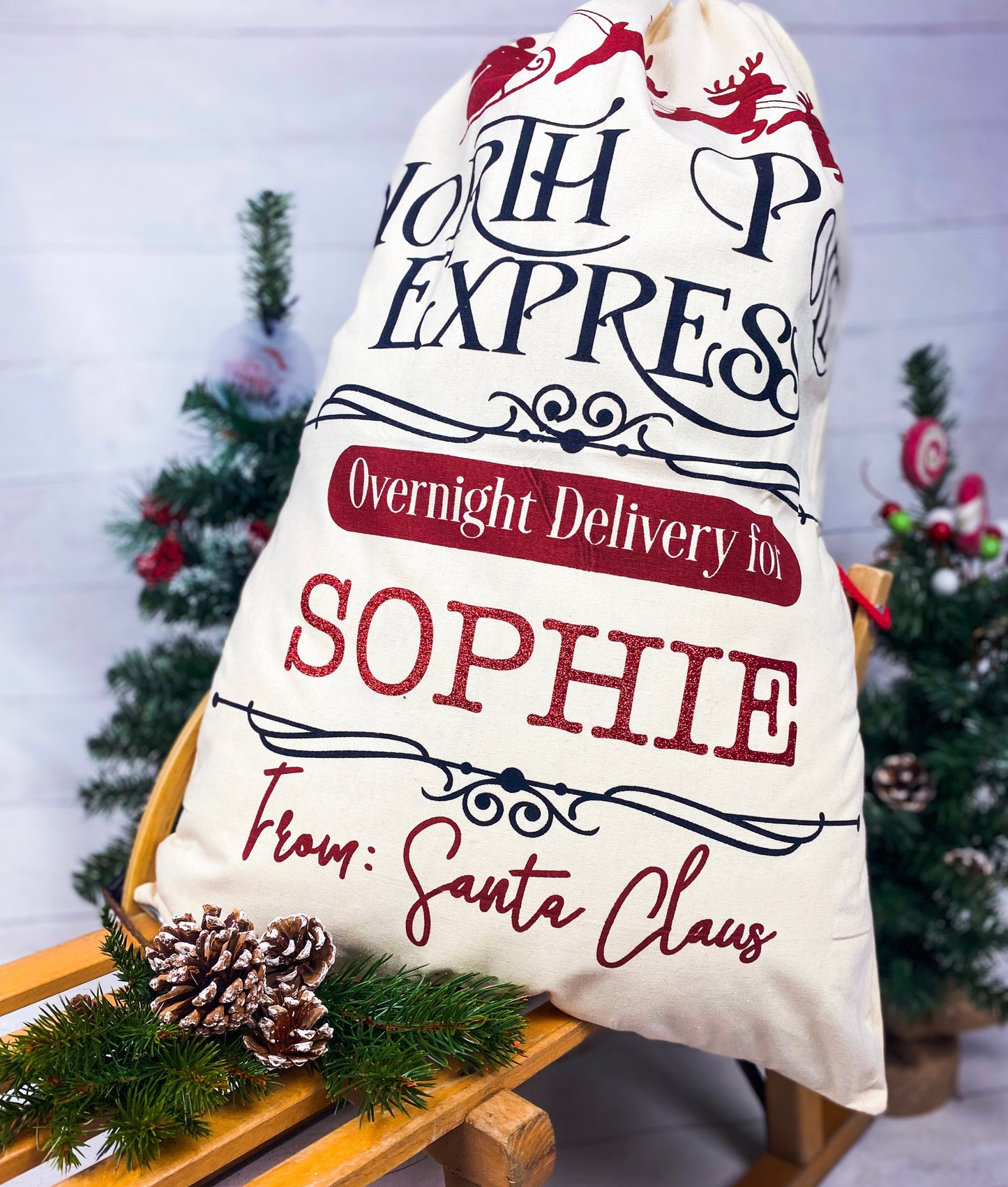Nikolaussack Weihnachtsmann Sack Geschenkbeutel Weihnachten Jutesack groß Santa personalisiert mit Namen - North Pole Express